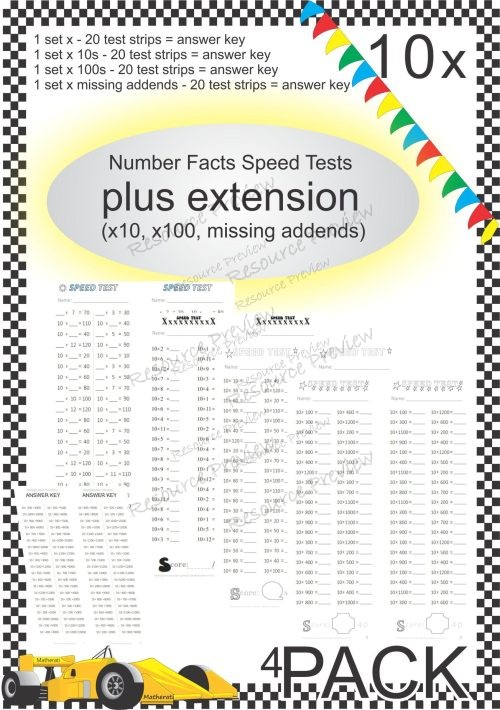 Number Facts Speed Tests Multiplication 10x plus extension (x10, x100, missing addends) PACK