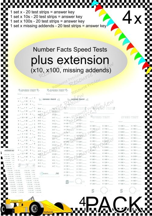 Number Facts Speed Tests Multiplication 4x plus extension (x10, x100, missing addends) PACK