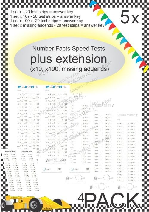 Number Facts Speed Tests Multiplication 5x plus extension (x10, x100, missing addends) PACK