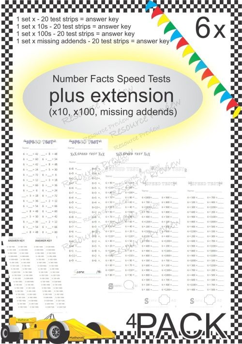 Number Facts Speed Tests Multiplication 6x plus extension (x10, x100, missing addends) PACK