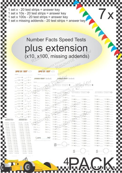 Number Facts Speed Tests Multiplication 7x plus extension (x10, x100, missing addends) PACK