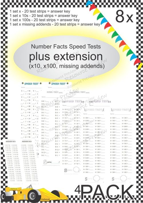 Number Facts Speed Tests Multiplication 8x plus extension (x10, x100, missing addends) PACK