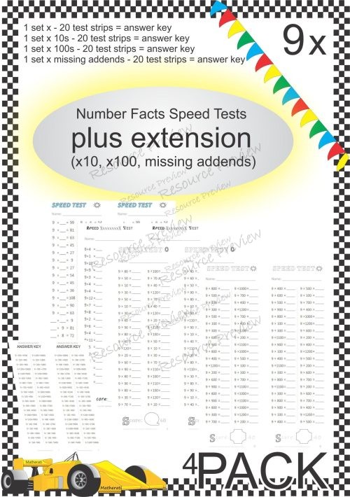 Number Facts Speed Tests Multiplication 9x plus extension (x10, x100, missing addends) PACK