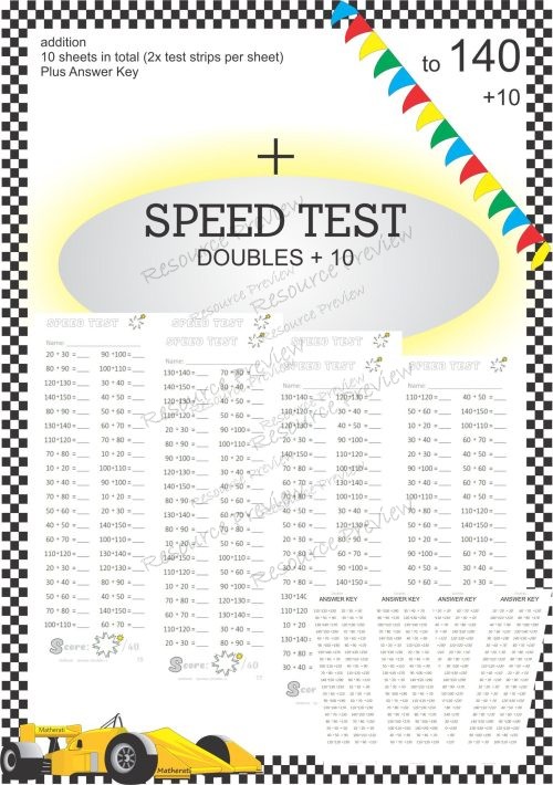 Number Facts Speed Tests: Doubles+10 to 140 (addition)