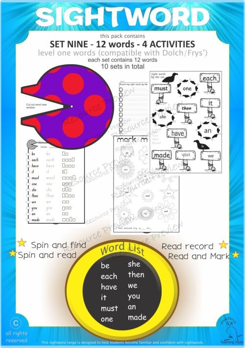 Sight word activities Lv1-9