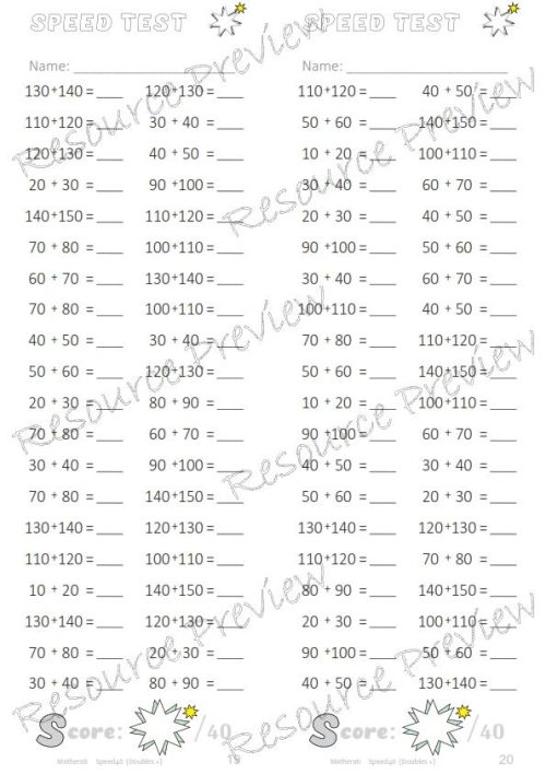 Number Facts Speed Tests: Doubles+10 to 140 (addition) - Image 2