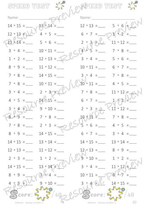 Number Facts Speed Tests: Doubles+1 to 14 (addition) - Image 2