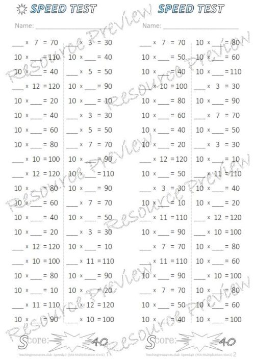 Number Facts Speed Tests Multiplication 10x plus extension (x10, x100, missing addends) PACK - Image 6