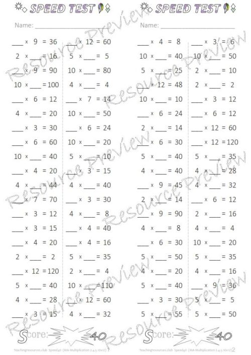 Number Facts Speed Tests Multiplication 2,4,5,10 x (missing addends) - Image 3