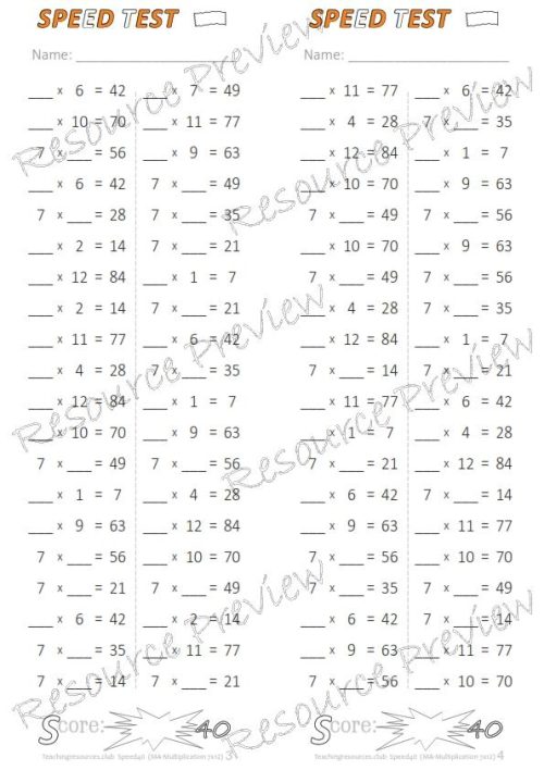 Number Facts Speed Tests Multiplication 7x plus extension (x10, x100, missing addends) PACK - Image 5