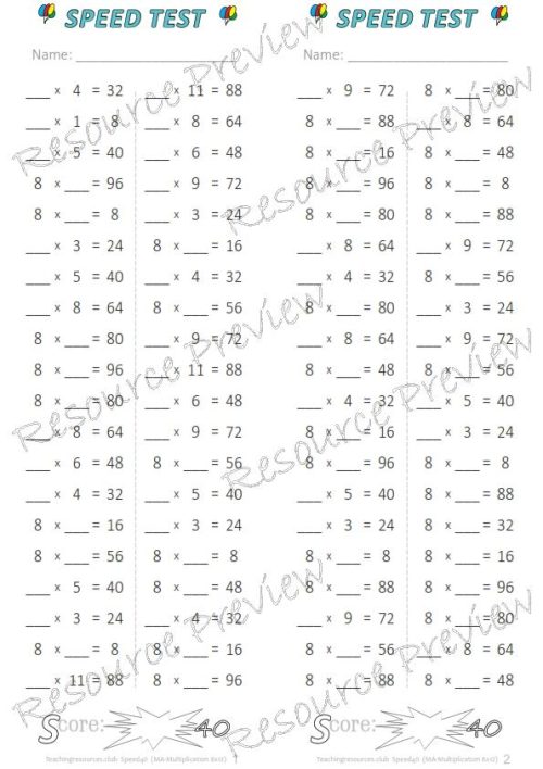 Number Facts Speed Tests Multiplication 8x plus extension (x10, x100, missing addends) PACK - Image 5