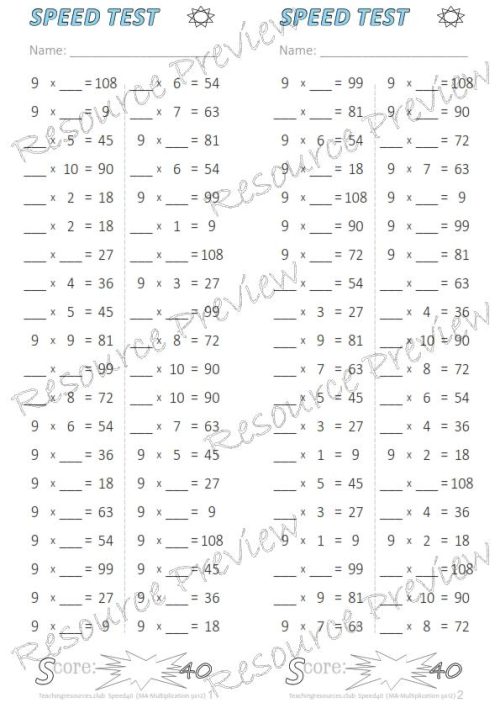 Number Facts Speed Tests Multiplication 9x plus extension (x10, x100, missing addends) PACK - Image 6