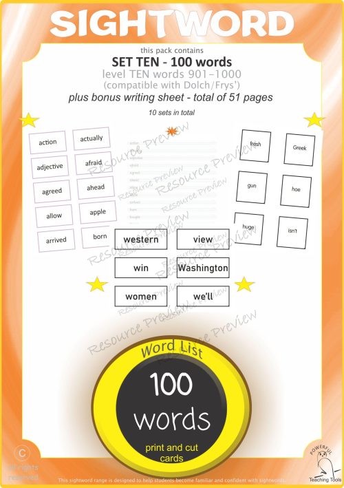Sight word card variety 10th 100