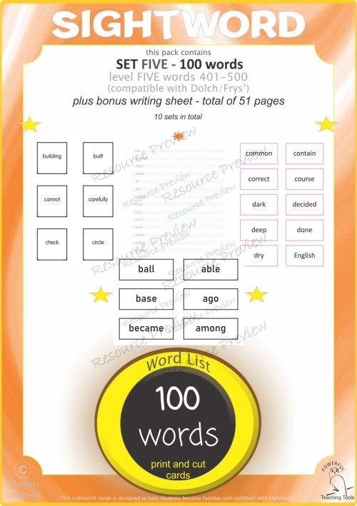 Sight word card variety  5th 100