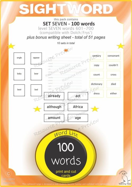 Sight word card variety  7th 100