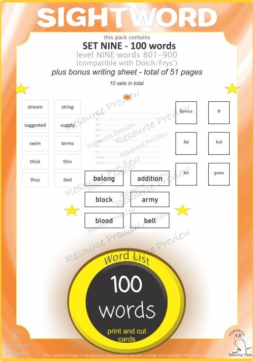 Sight word card variety  9th 100