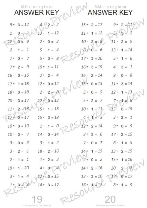 Number Facts Speed Tests: Count on/back 0-3 to 20 (missing addends) - Image 3