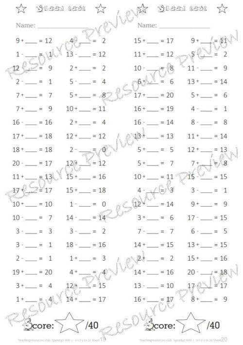 Number Facts Speed Tests: Count on/back 0-3 to 20 (missing addends) - Image 2