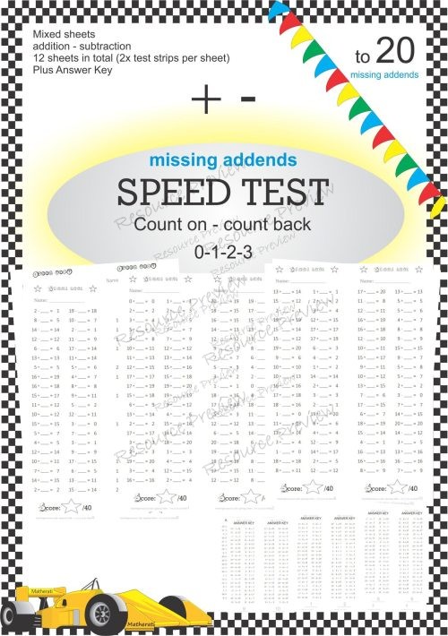 Number Facts Speed Tests: Count on/back 0-3 to 20 (missing addends)