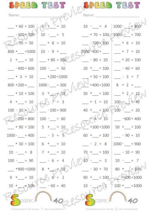 Number Fact Speed Tests - Rainbow Facts to 10, 100, 1000 mix (missing addends) - Image 2