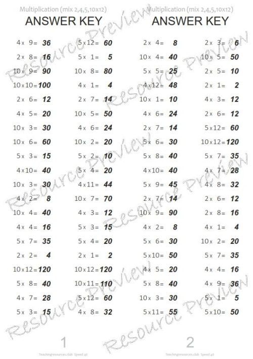 Number Facts Speed Tests Multiplication 2,4,5,10 x - Image 3