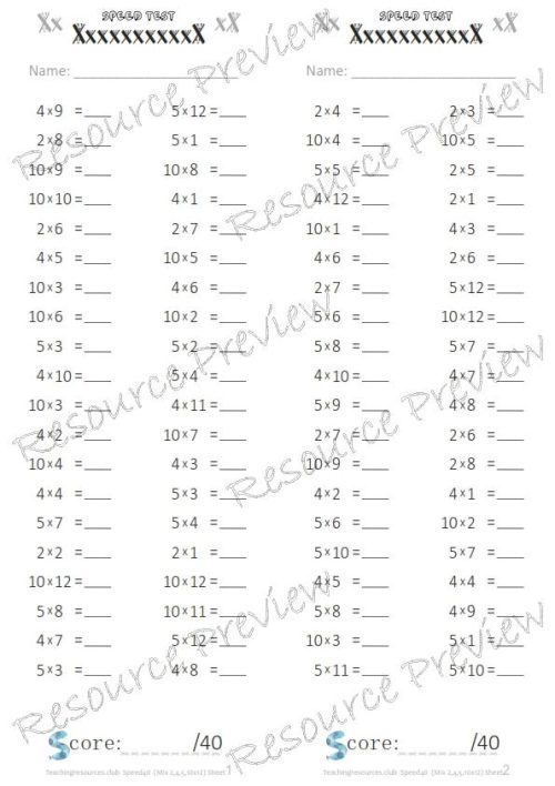 Number Facts Speed Tests Multiplication 2,4,5,10 x - Image 2