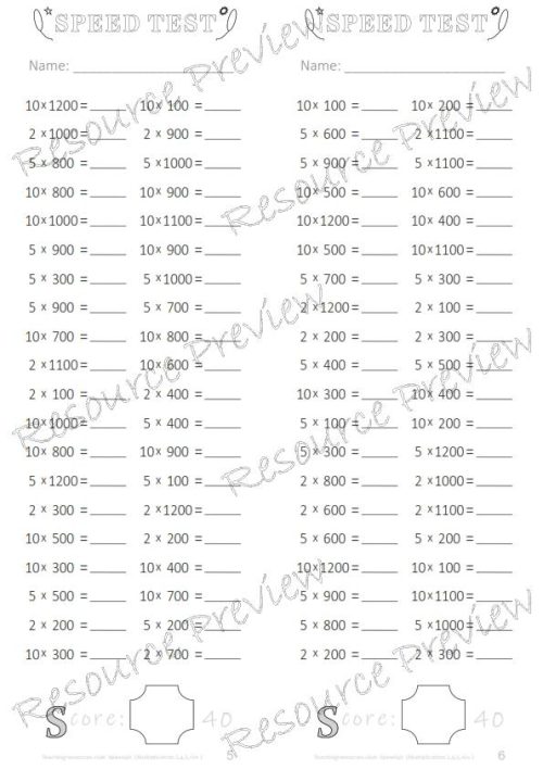 Number Facts Speed Tests Multiplication 2,4,5,10 x 100s - Image 2