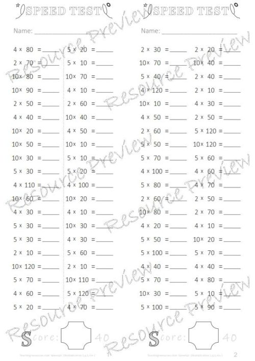 Number Facts Speed Tests Multiplication 2,4,5,10 x 10s - Image 2