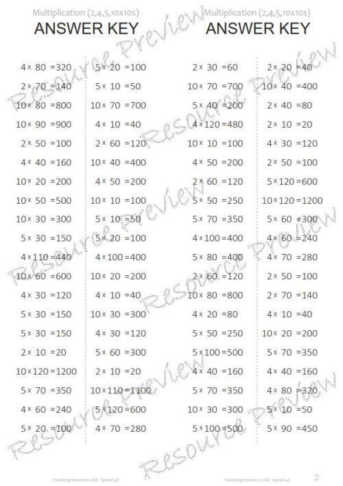 Number Facts Speed Tests Multiplication 2,4,5,10 x 10s - Image 3