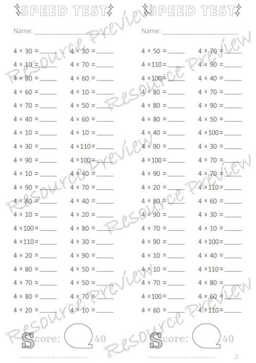 Number Facts Speed Tests Multiplication 4x plus extension (x10, x100, missing addends) PACK - Image 3