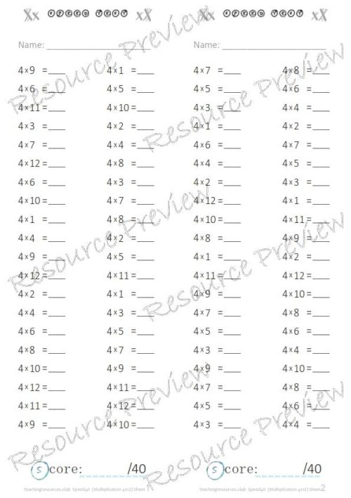 Number Facts Speed Tests Multiplication 4x - Image 2