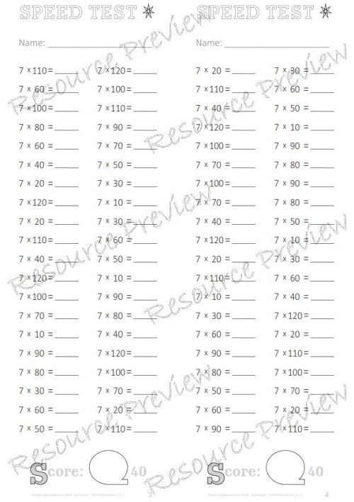 Number Facts Speed Tests Multiplication 7x plus extension (x10, x100, missing addends) PACK - Image 3