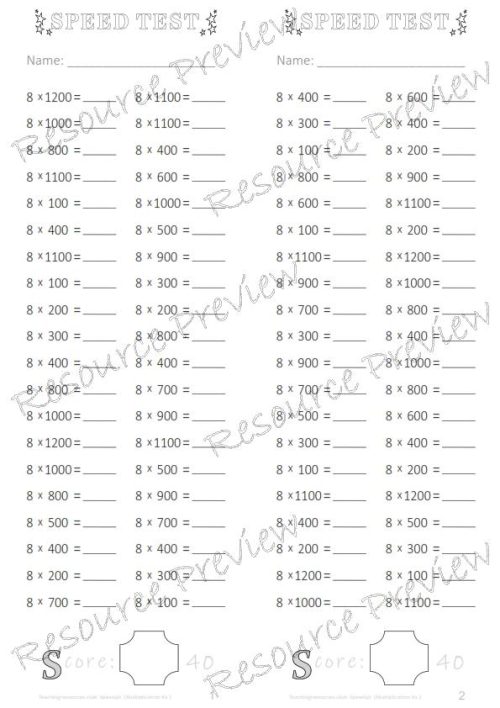Number Facts Speed Tests Multiplication 8x plus extension (x10, x100, missing addends) PACK - Image 4