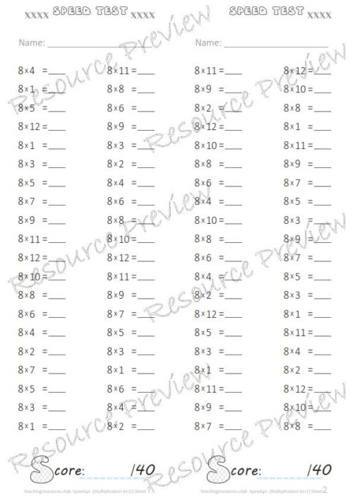 Number Facts Speed Tests Multiplication 8x - Image 2