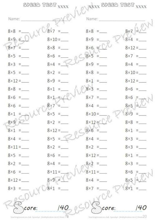 Number Facts Speed Tests Multiplication 8x plus extension (x10, x100, missing addends) PACK - Image 2
