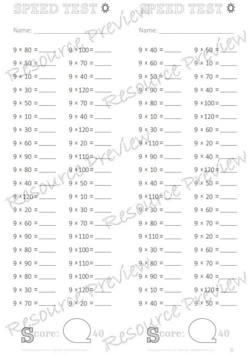 Number Facts Speed Tests Multiplication 9x plus extension (x10, x100, missing addends) PACK - Image 3