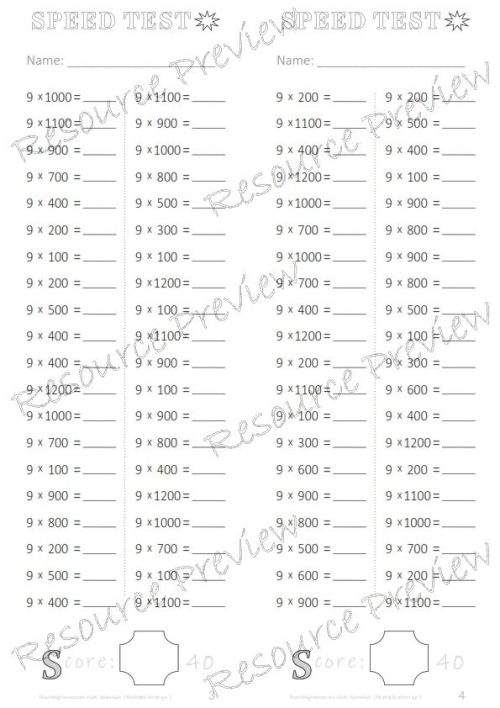 Number Facts Speed Tests Multiplication 9x plus extension (x10, x100, missing addends) PACK - Image 4