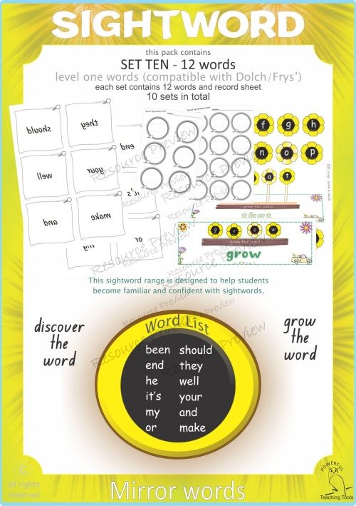 Sight word Grow and Mirror Lv1-10