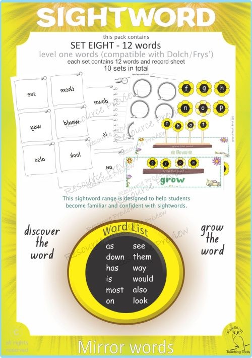 Sight word Grow and Mirror Lv1-8