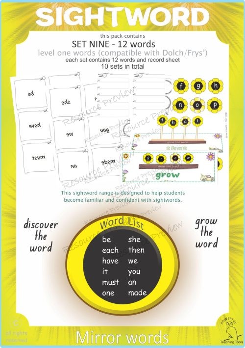 Sight word Grow and Mirror Lv1-9